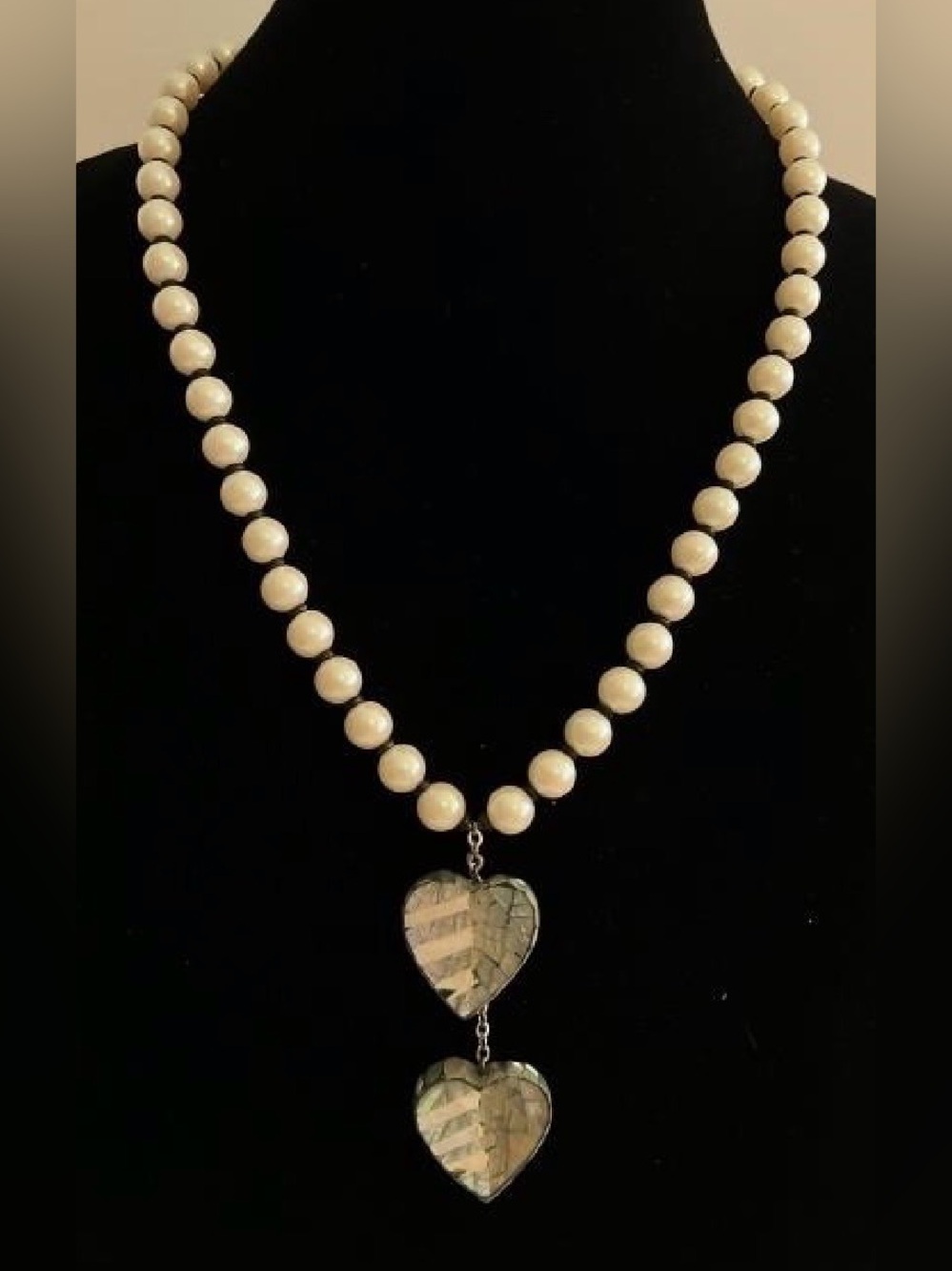 RARE Signed Miriam Haskell Pearl Bead Necklace with Abalone Heart Pendants #1276